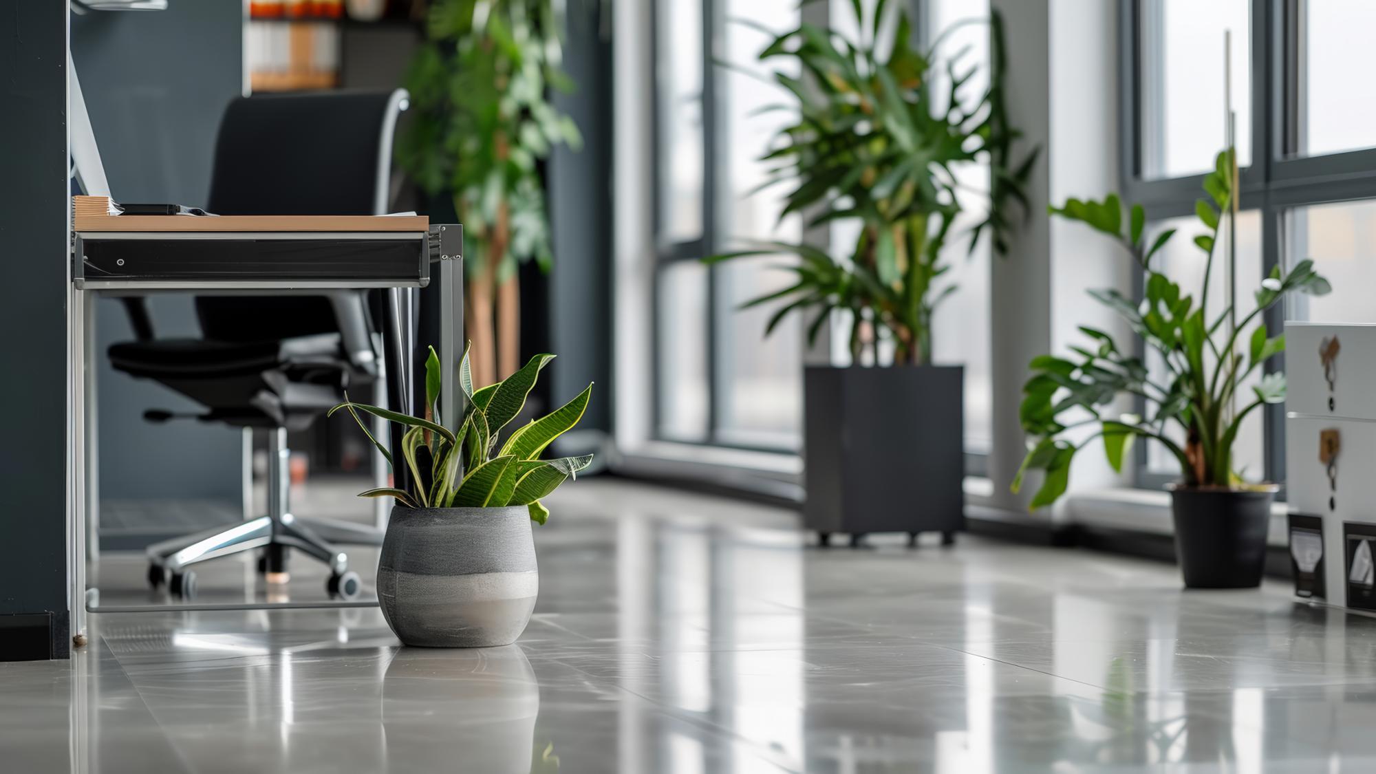A modern office space featuring a desk with a computer and an ergonomic chair. Various indoor plants are positioned around the floor, including a potted plant in a gray and white pot, on shiny tiled flooring with large windows in the background allowing natural light.